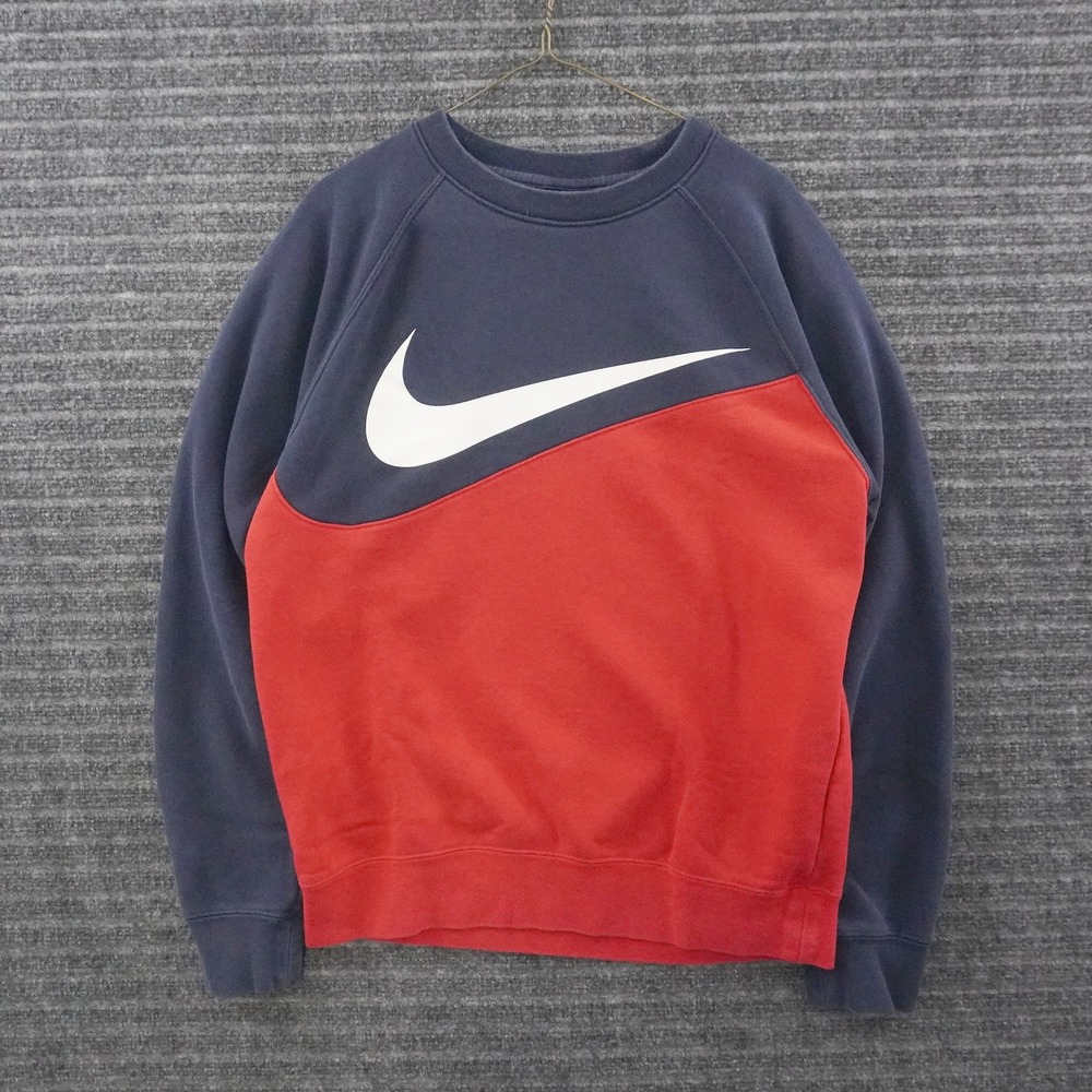 Nike Sweatshirt Mens Medium Navy Red Colorblock Big Swoosh Crewneck
